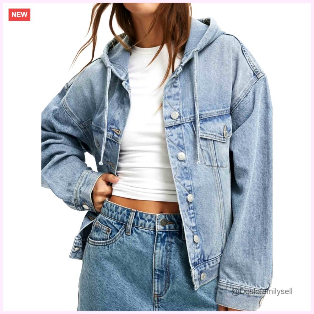 Oversized Denim Jacket With Hood, Cropped Fit, Long Sleeves, Pockets